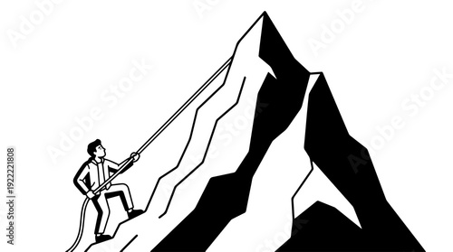 A determined businessman in a suit climbs a steep, jagged mountain using a rope, symbolizing ambition, challenge, and the journey to success.