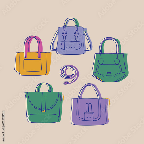 A vibrant collection of diverse women's handbags in various stylish designs and colors. Essential fashion accessories for elegant accessorizing, adding a touch of flair to any ensemble
