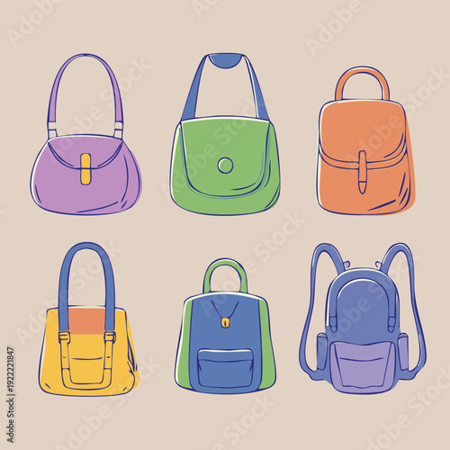 Collection of stylish hand bags and backpack illustrations on a neutral background