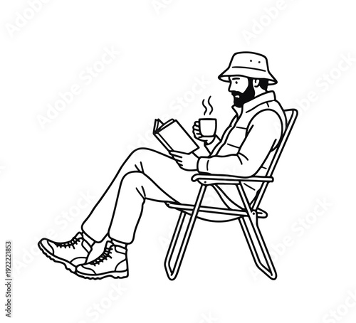 Bearded man in a bucket hat sitting in a folding chair, reading a book and drinking from a mug, line art.
