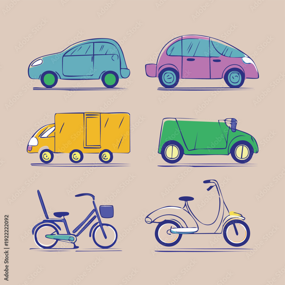 Naklejka premium A delightful collection of hand-drawn cartoon vehicles, including cars, a delivery van, a utility vehicle, a bicycle, and a scooter, perfect for transportation-themed projects and creative designs
