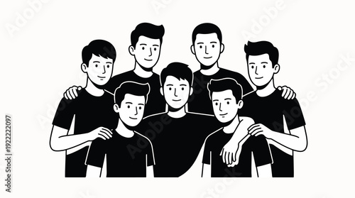 Black and White Illustration of a Group of Eight Young Men Standing Together