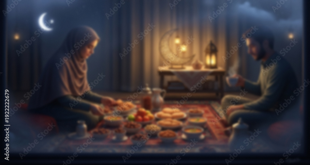 Fototapeta premium Blurred image of Ramadan Family Iftar on Traditional Dastarkhwan