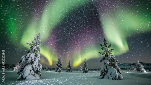Vibrant Green Aurora Borealis Dancing Over Snowy Winter Forest at Night