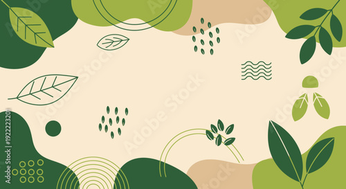Organic Nature Abstract Background with Green Leaves and Fluid Earthy Shapes, Ideal for Eco-friendly Design, Web Banners, and Modern Digital Art Templates