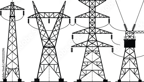 Electric power transmission tower set illustration, high voltage electricity pylon collection design, industrial energy infrastructure vector, isolated white background
