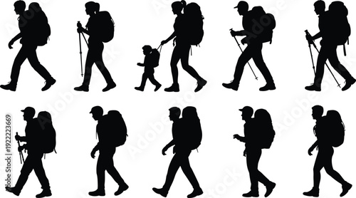 Hikers walking with backpacks silhouettes, trekking people collection vector illustration set, outdoor adventure travel and family hiking