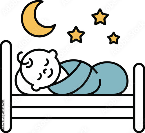 Peaceful Baby Sleep Outline Icon Set Swaddled Infant, Moon, and Stars