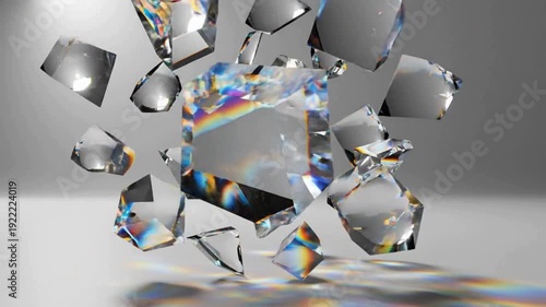 Abstract 3D Render of Shattered Glass Cube with Rainbow Light Dispersion
