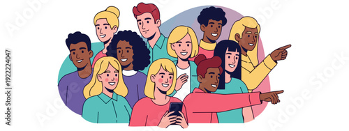 Diverse Crowd of Young People Celebrating and Pointing Together