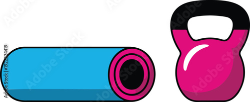 Home Workout Outline Icon Set Yoga Mat and Kettlebell