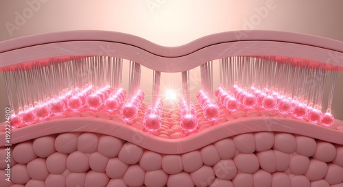 Microscopic view of glowing pink spheres supporting skin structure for tightening and lifting effect
