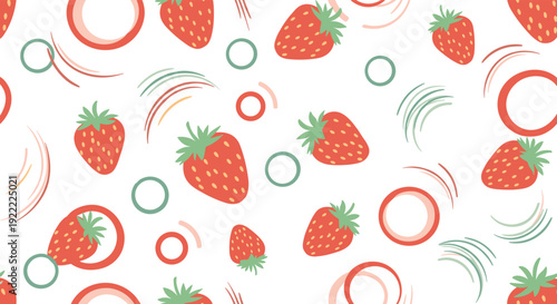 Fresh and fruity seamless pattern with juicy red strawberries and abstract circles on a clean white background for summer designs.