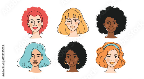 Diverse collection of six portraits of beautiful women with different hairstyles, hair colors, and ethnic backgrounds in a line art style.