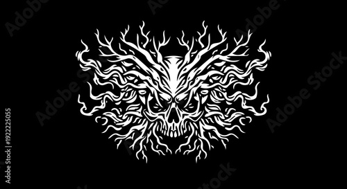 Intricate illustration of a mystical tree spirit skull formed by intertwined roots and branches, embodying dark nature magic and ancient forest lore on a stark black background