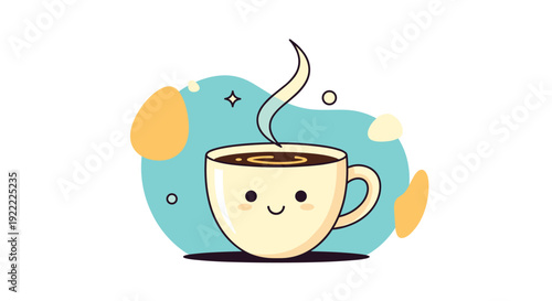 Adorable steaming coffee cup with a cute smiling face, presented in a simple, modern cartoon style with abstract background shapes.