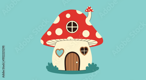 Whimsical fairytale house shaped like a red and white toadstool mushroom, with cute windows and a little chimney on a blue background.
