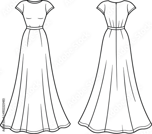 Women Short Sleeve Maxi Dress Technical Fashion Flat Sketch with Fitted Waist and Flared Skirt Front and Back View