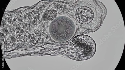 Detailed amoeba microscope view showcasing internal structures and cellular processes, revealing a large nucleus and granular cytoplasm, captured with high magnification for scientific study