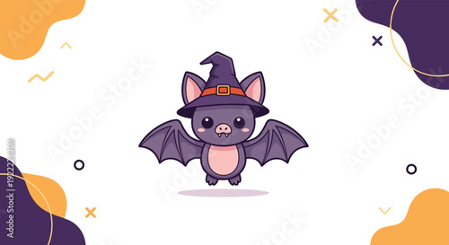 An adorable cartoon baby bat wearing a purple witch hat for Halloween, floating in front of a modern abstract background.