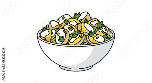 A bowl of salad with assorted ingredients including vegetables and dressing viewed from above in a simple illustration style