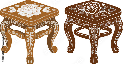 Ornate carved wooden stool illustration, floral rose design, decorative furniture artwork, traditional craftsmanship motif, square seat texture, artistic home decor