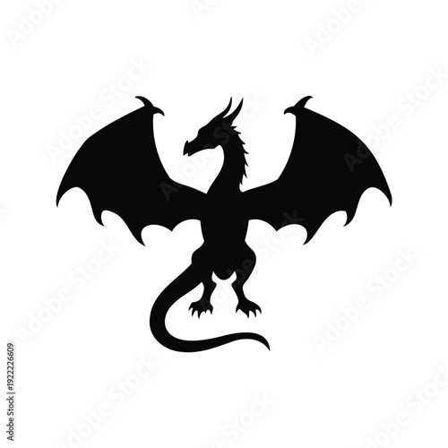 dragon with spread wings silhouette vector illustration, Mythical black dragon with wings spread out in fierce pose silhouette vector illustration
