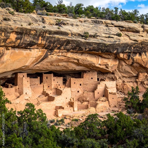 Ancient cliff dwelling in desert landscape with trees
