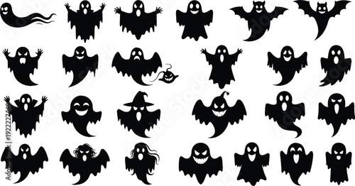 Large collection of spooky Halloween ghost and bat silhouettes featuring various scary expressions flying poses and a witch hat ghost for seasonal holiday design.