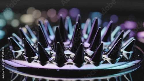 Abstract iridescent ferrofluid peaks dancing to music on black background