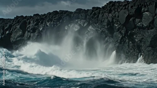 Dramatic Ocean Waves Crashing Against Black Volcanic Rock Cliffs
