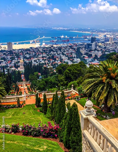A scenic view of a coastal city with a well-manicured garden