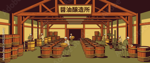 Traditional Japanese soy sauce brewery factory with workers in aprons and headbands tending to large wooden fermentation barrels and vats in a rustic warehouse, flat vector illustration.