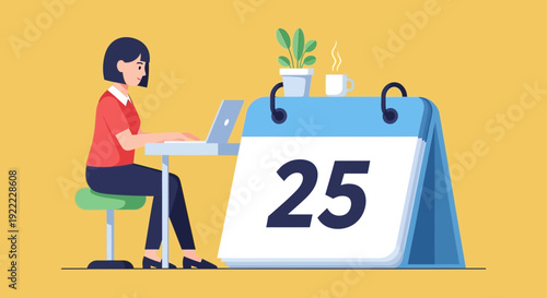 Woman working at desk with large calendar showing the 25th day.