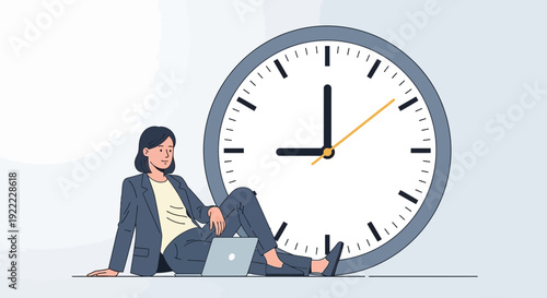 Woman working on laptop with clock time management and productivity.