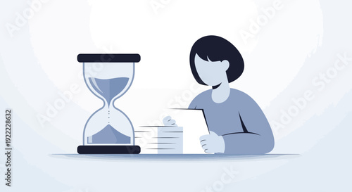 Woman Working Under Time Pressure with Hourglass and Stack of Papers.