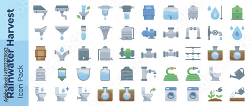 Vector Icon Set of 36 Rainwater Harvesting and Collection Items in Flat Design with Smooth Gradients; Includes Gutters, Filters, Storage Tanks, Pumps, Pipes, and Sustainable Water Usage Icons.