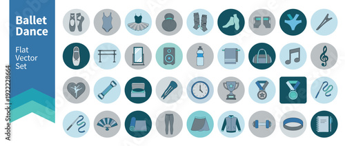 Flat Vector Icon Set of 30 Ballet and Dance Studio Items in Blue and Teal Corporate Colors Featuring Ballet Shoes, Tutu, Barre, Mirror, Medals, Rhythmic Gymnastics Ribbon, and Training Equipment