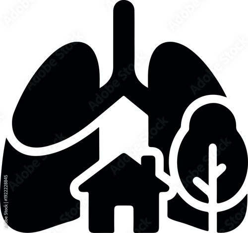 Minimalist human lungs icon with house and tree symbols for health environment and eco living concept vector illustration