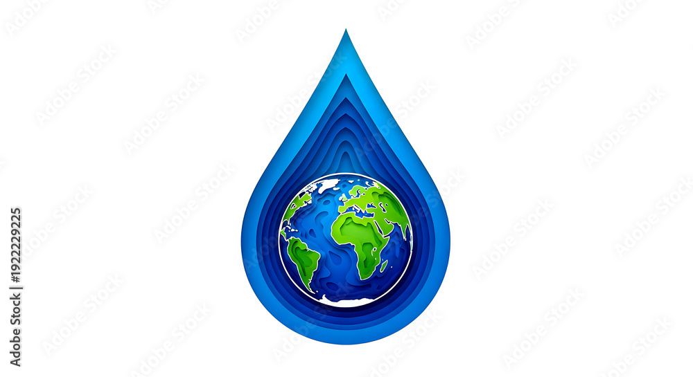 Obraz premium Paper Cut-out Style Illustration of Earth Globe Inside a Blue Water Droplet
