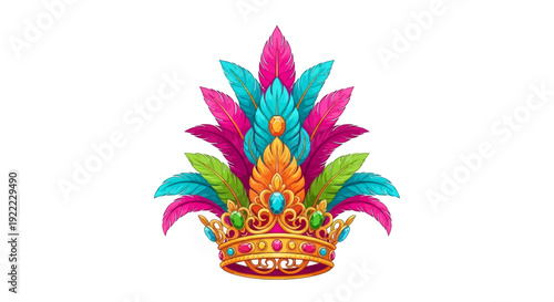 Colorful crown with feathers and jewels, symbolizing royalty and luxury.