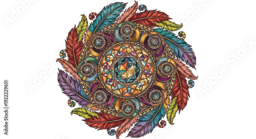 Vibrant Mandala Design with Colorful Feathers and Ornate Patterns.