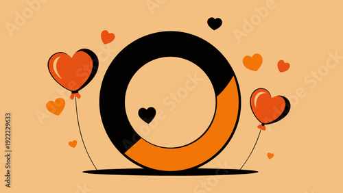 Creative illustration of a stylized letter o with heart and balloon decorations