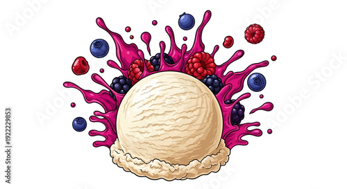 A vibrant illustration of a vanilla ice cream scoop splashing with mixed berries and juice from a top view perspective