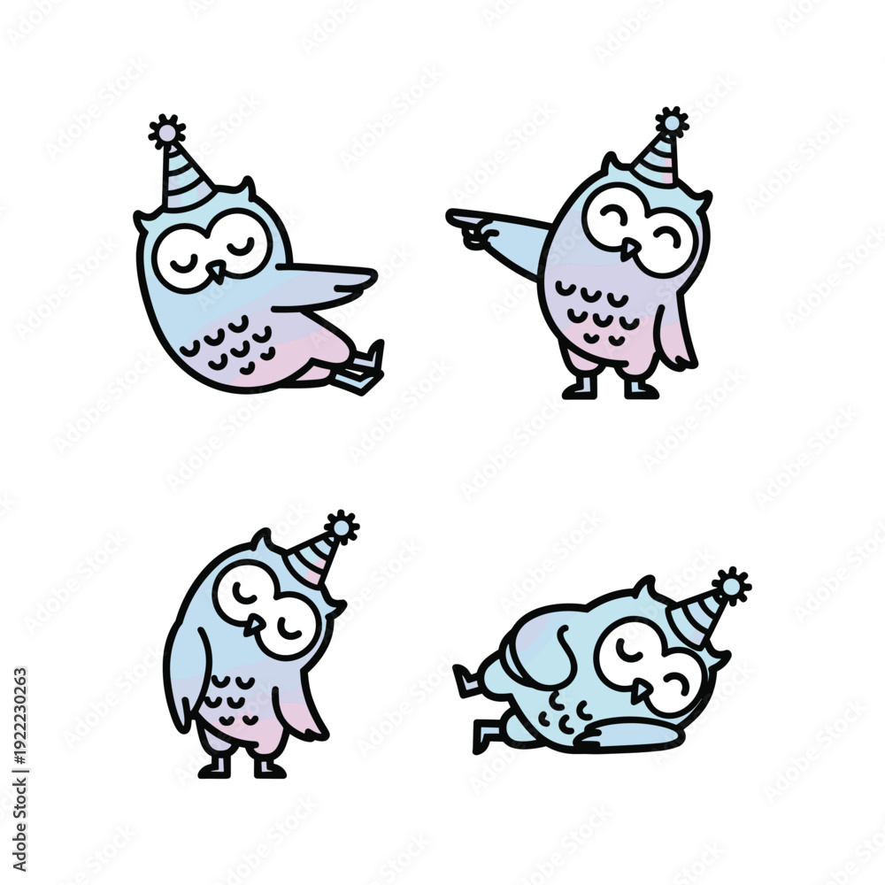 Fototapeta premium Cartoon owls wearing party hats in different poses on white background