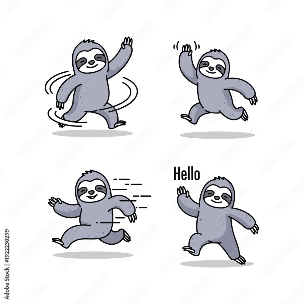 Naklejka premium Cute cartoon sloth waving hello in various poses with copy space