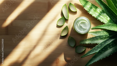 Aloe vera plant with a jar of cream and sliced aloe vera leaves on a wooden table