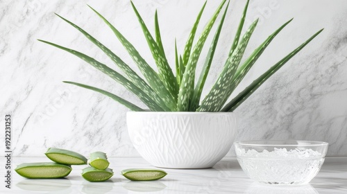 Aloe vera plant with long leaves in a white flower pot 