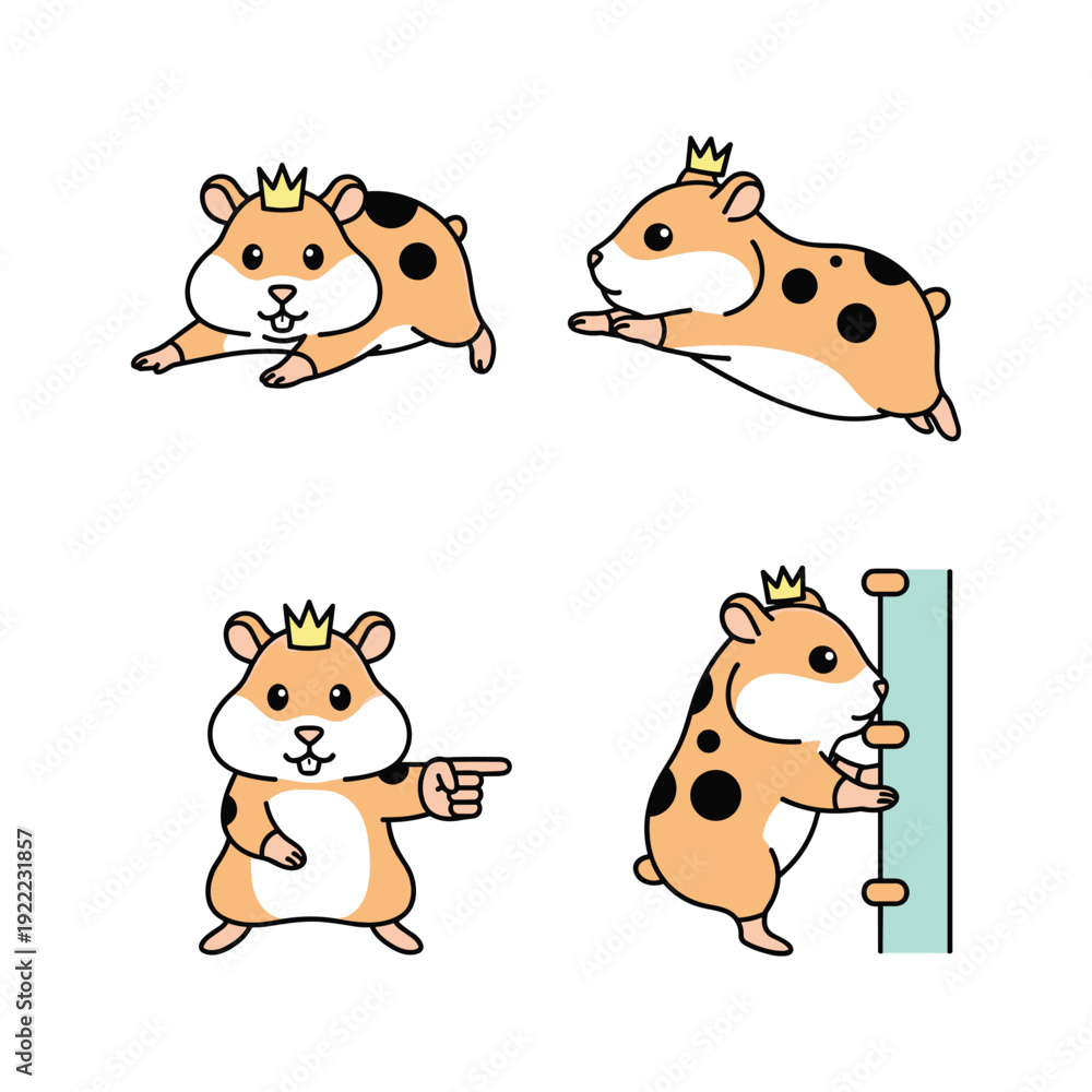 Obraz premium Cartoon guinea pig character in various poses with crown on white background