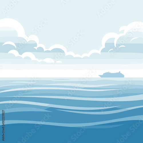 Wide Ocean Horizon with Small Ship and Clouds